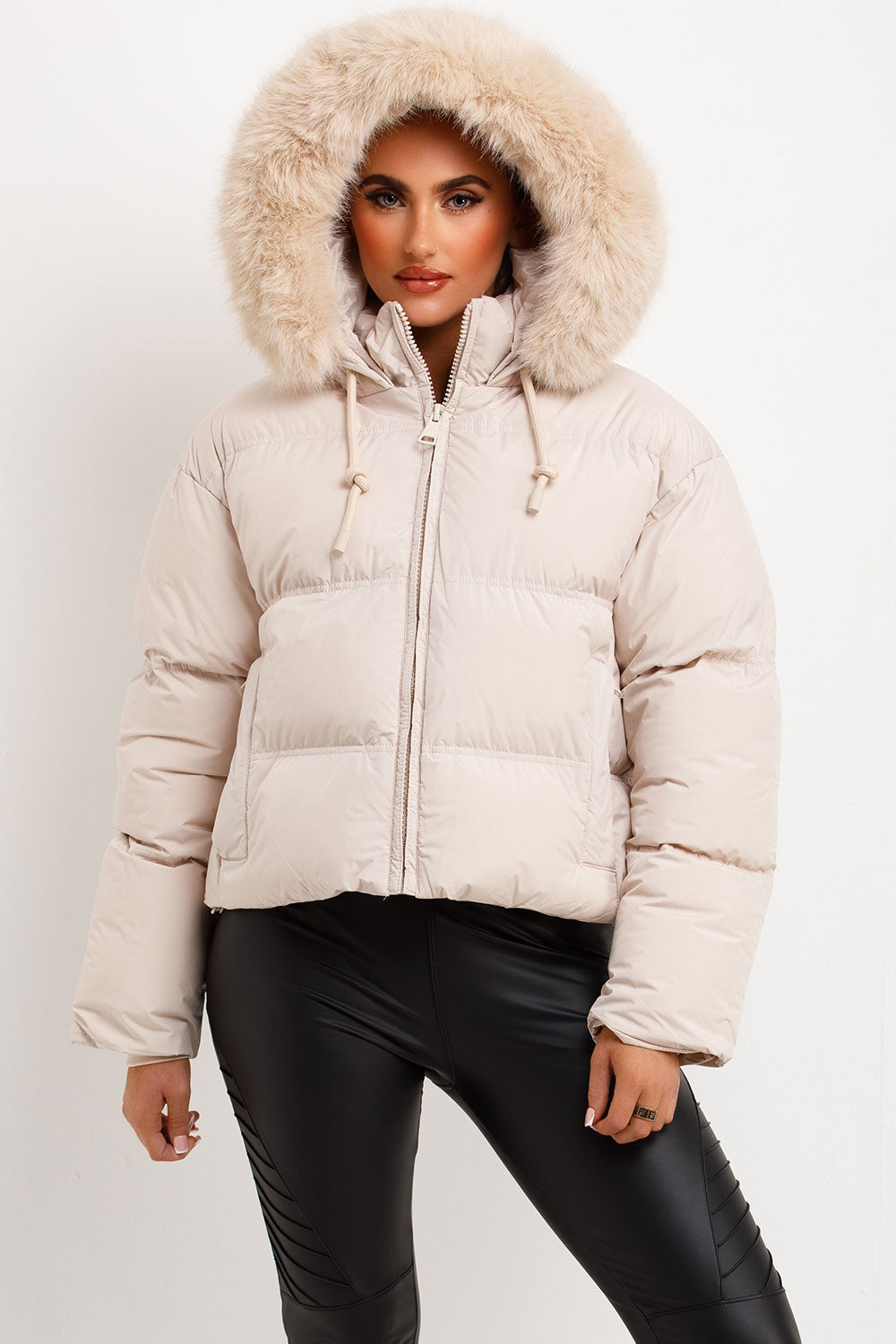 Puffer Jacket With Faux Fur Hood Beige