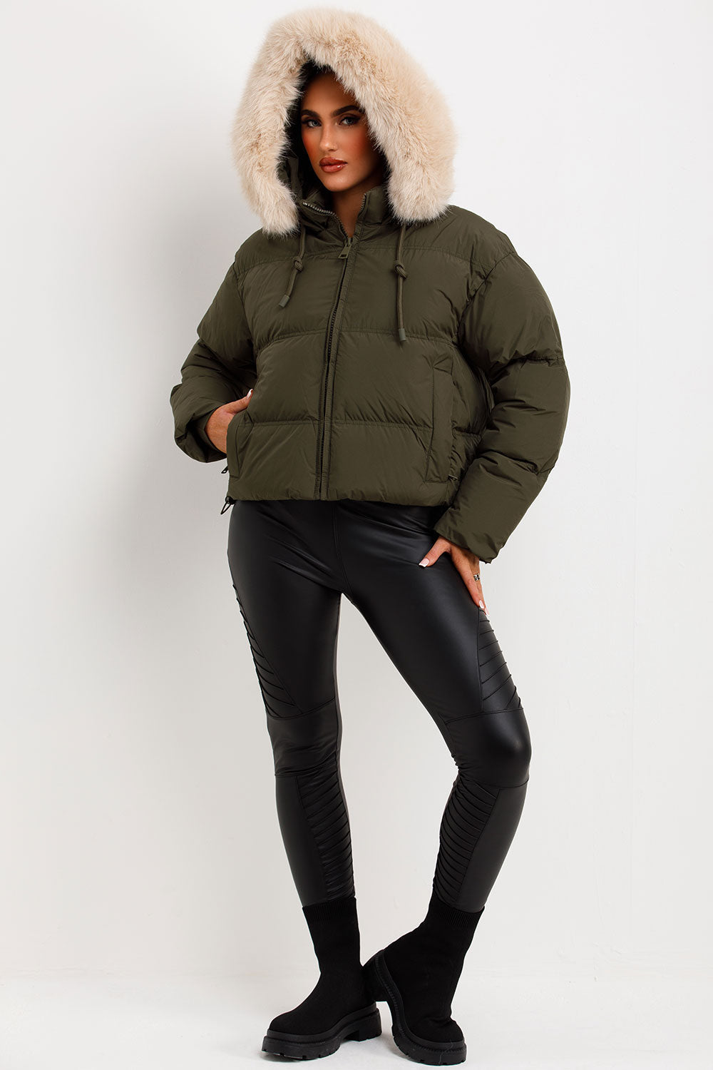 Puffer Jacket With Faux Fur Hood Khaki