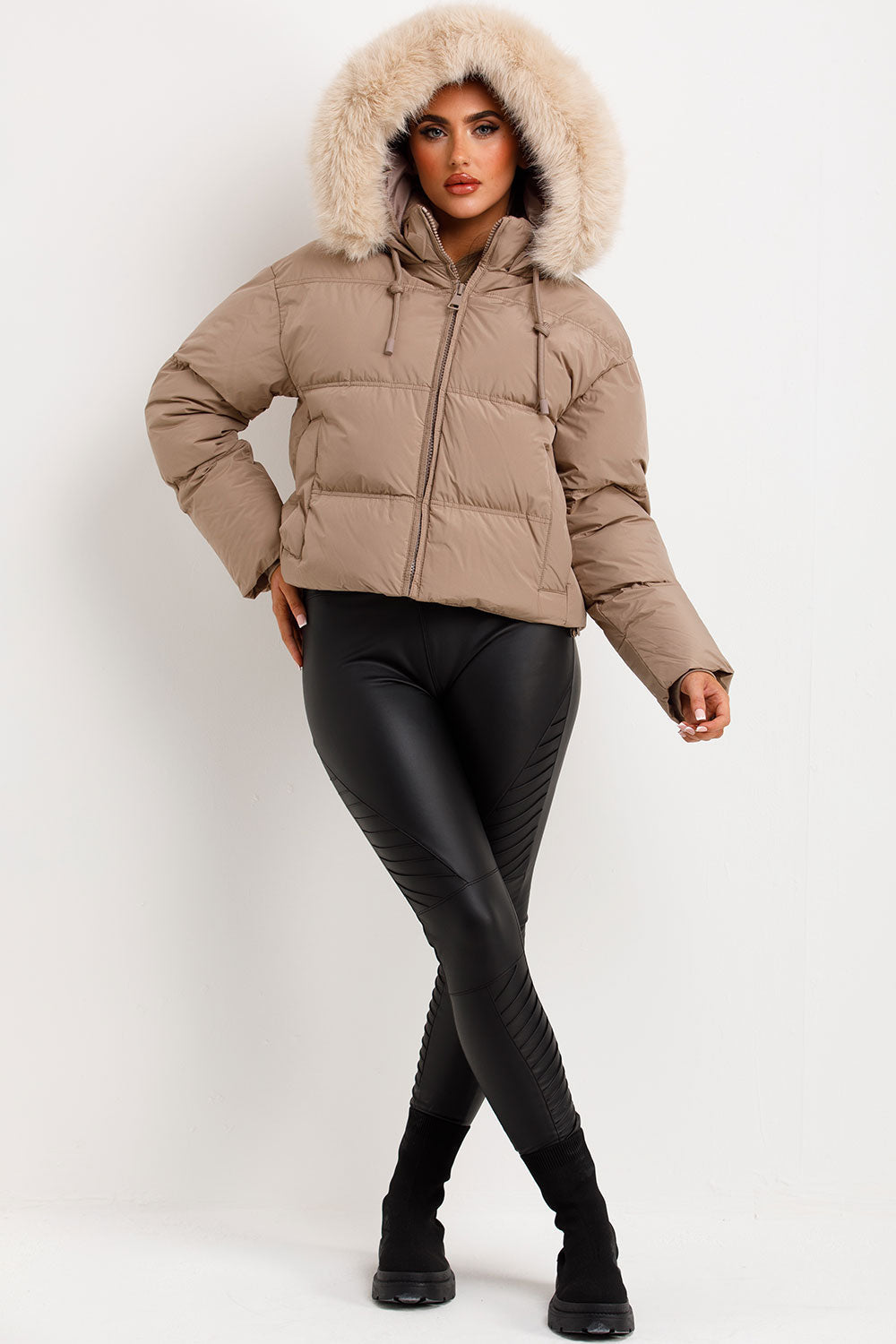 Puffer Jacket With Faux Fur Hood Stone