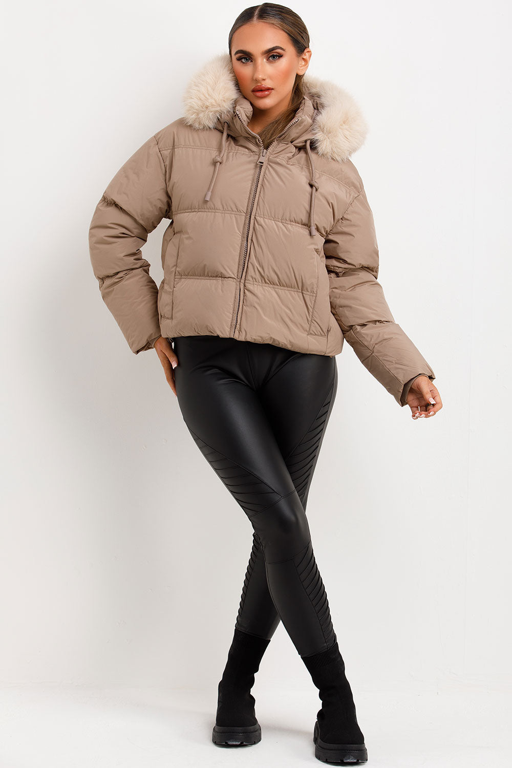 Puffer Jacket With Faux Fur Hood Stone