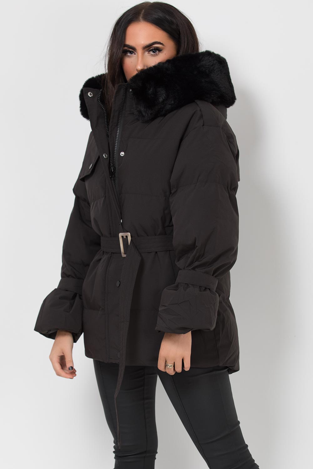 Black Puffer Padded Coat With Faux Fur Hood