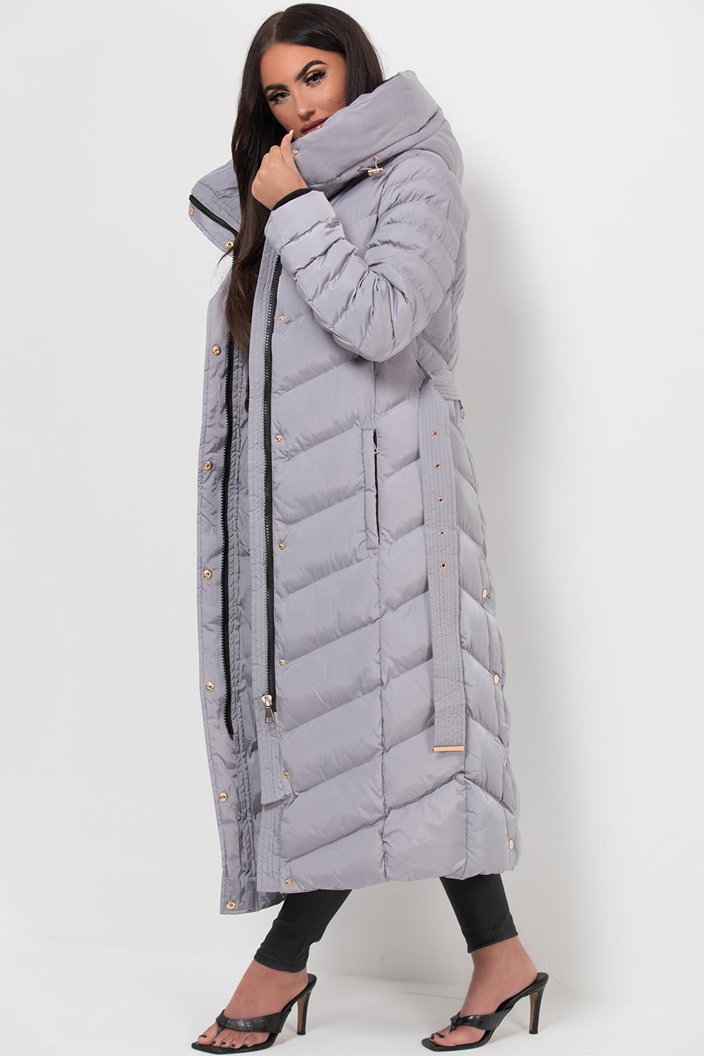 Long Puffer Down Coat With Belt Grey