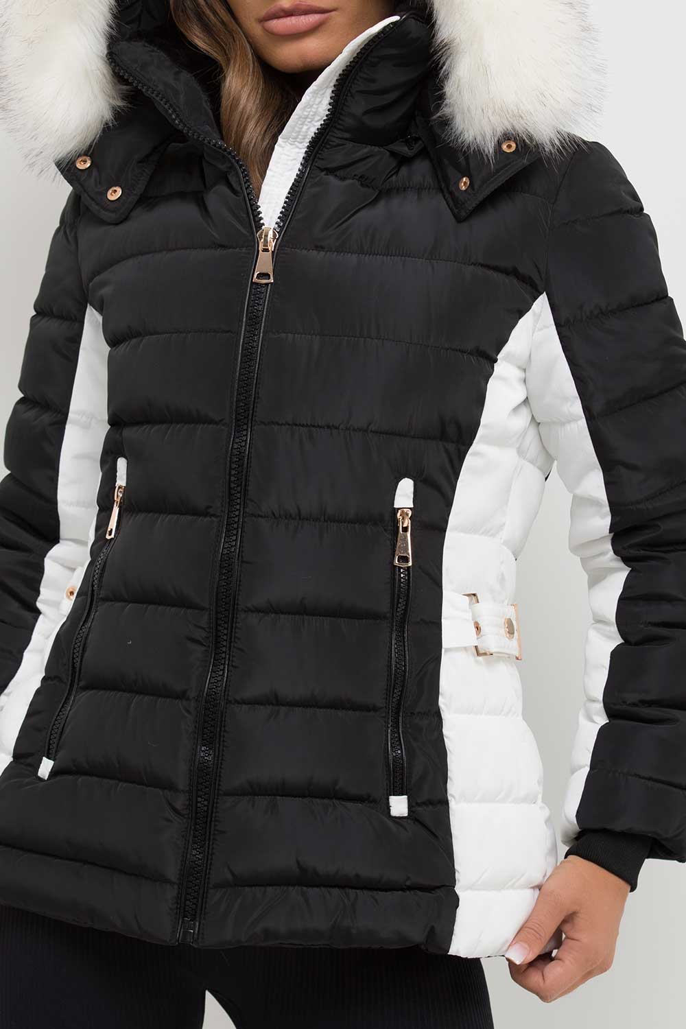 Puffer Jacket With Faux Fur Hood Black And White