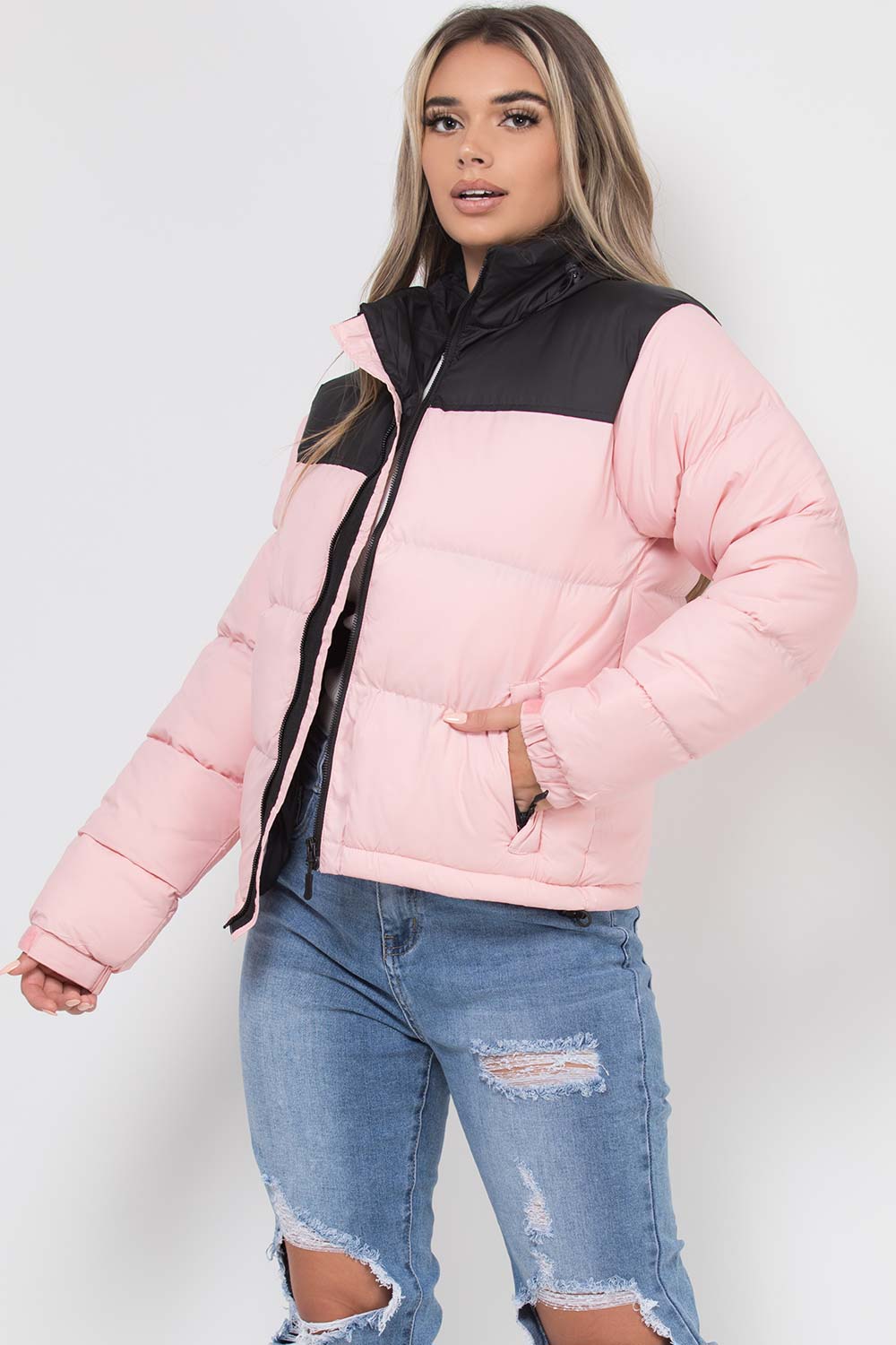 Puffer Jacket Pink And Black Colour Block