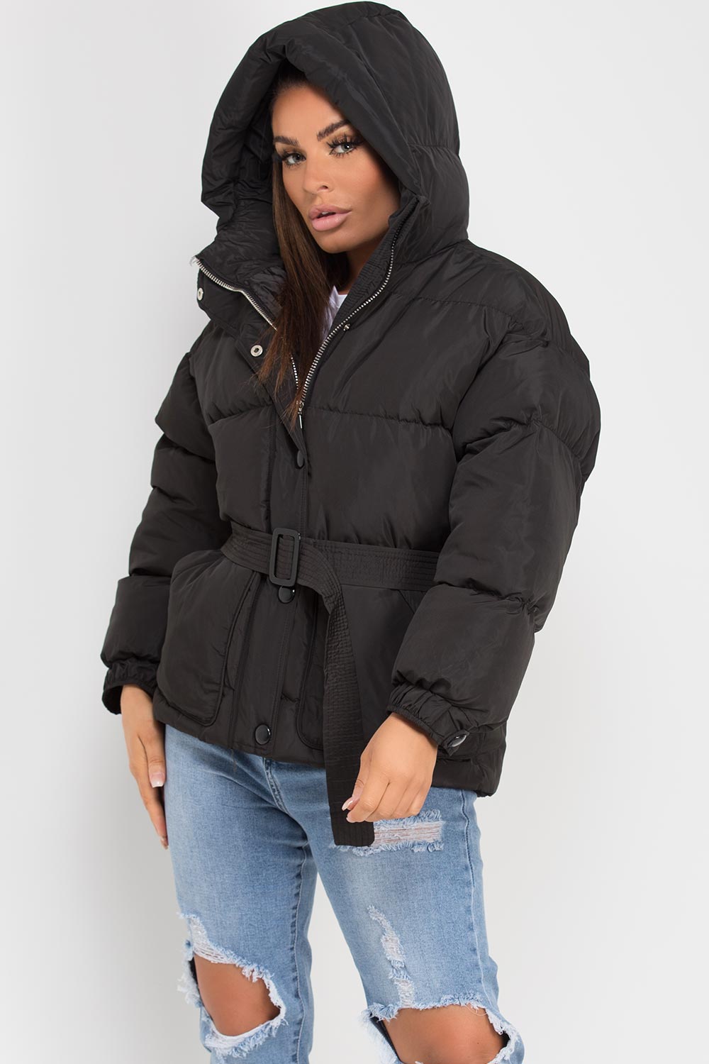 Black Puffer Padded Jacket With Belt