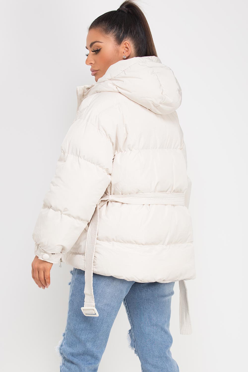 Puffer Padded Jacket With Belt Beige