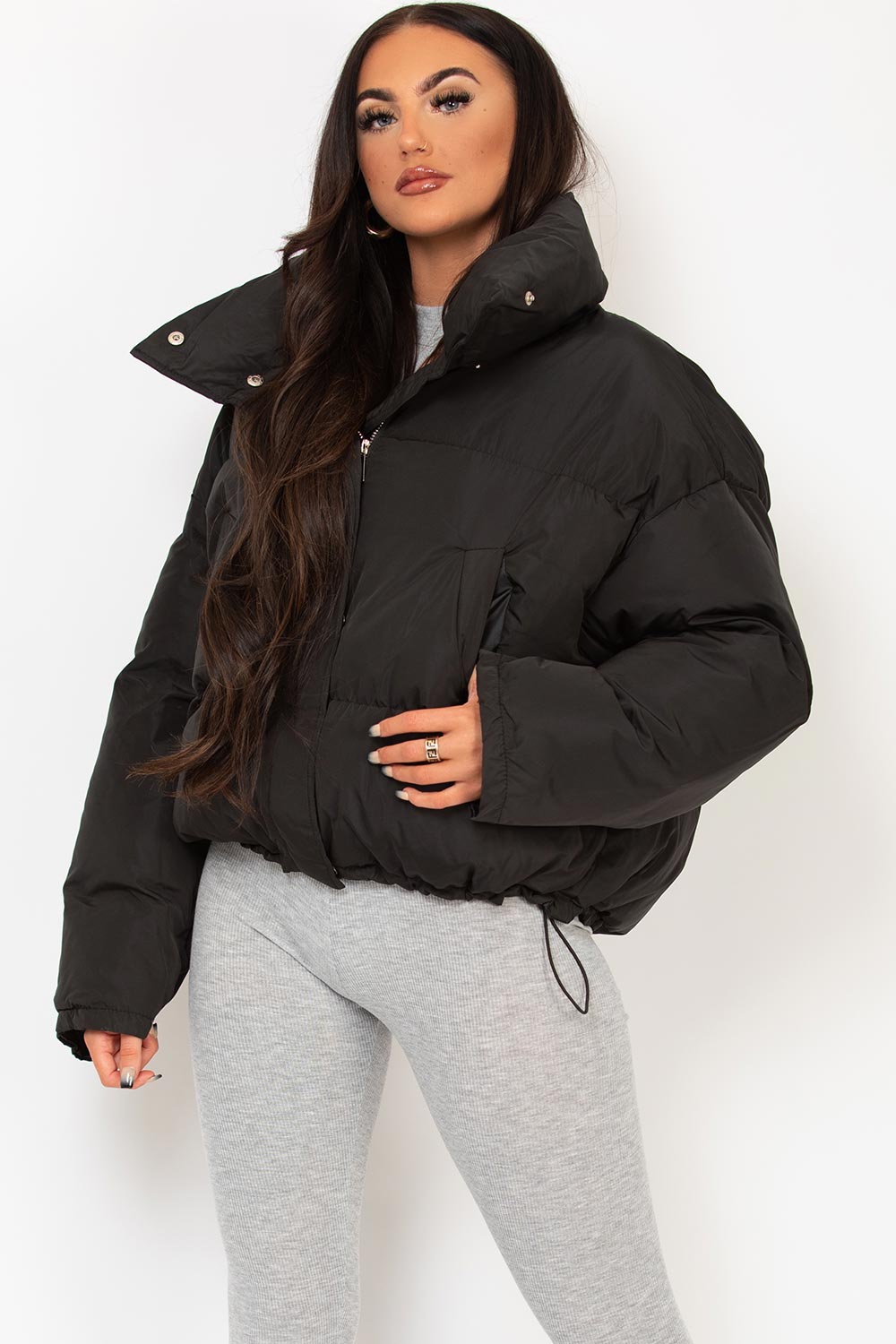 Black Puffer Jacket With Drawstring Hem