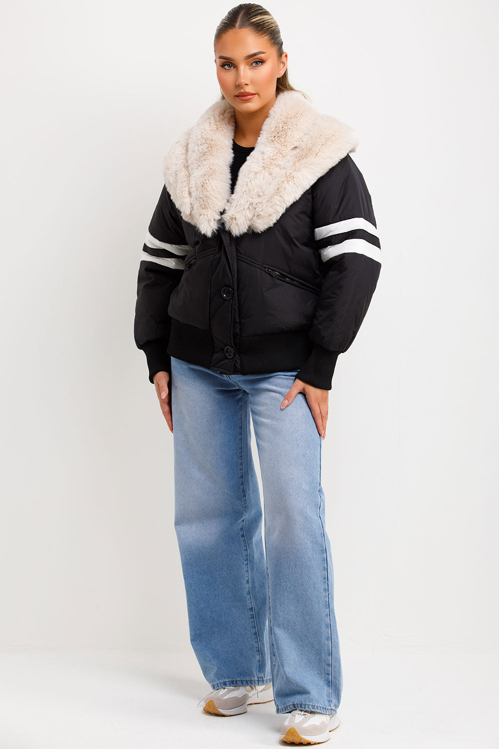 Aviator Bomber Jacket With Faux Fur And Stripe Detail Black