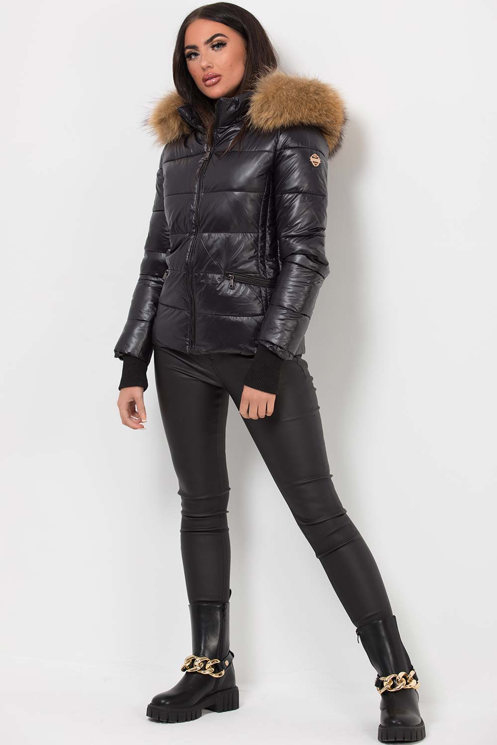 Black Puffer Jacket With Real Fur Hood