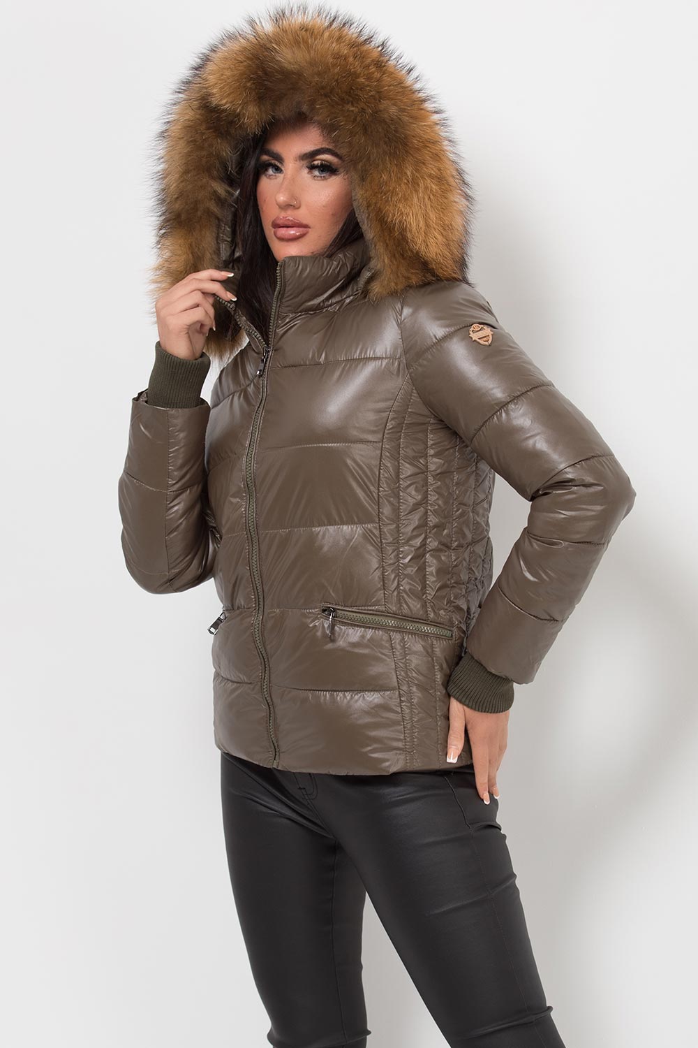 Puffer Jacket With Real Fur Hood Khaki