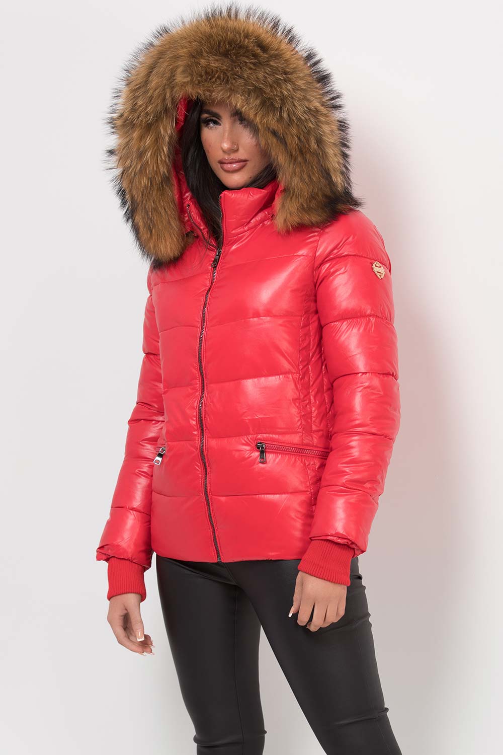 Puffer Jacket With Real Fur Hood Red