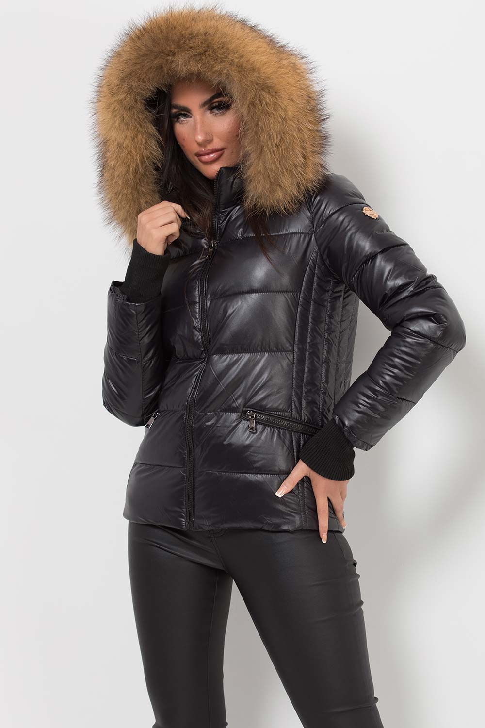 Black Puffer Jacket With Real Fur Hood