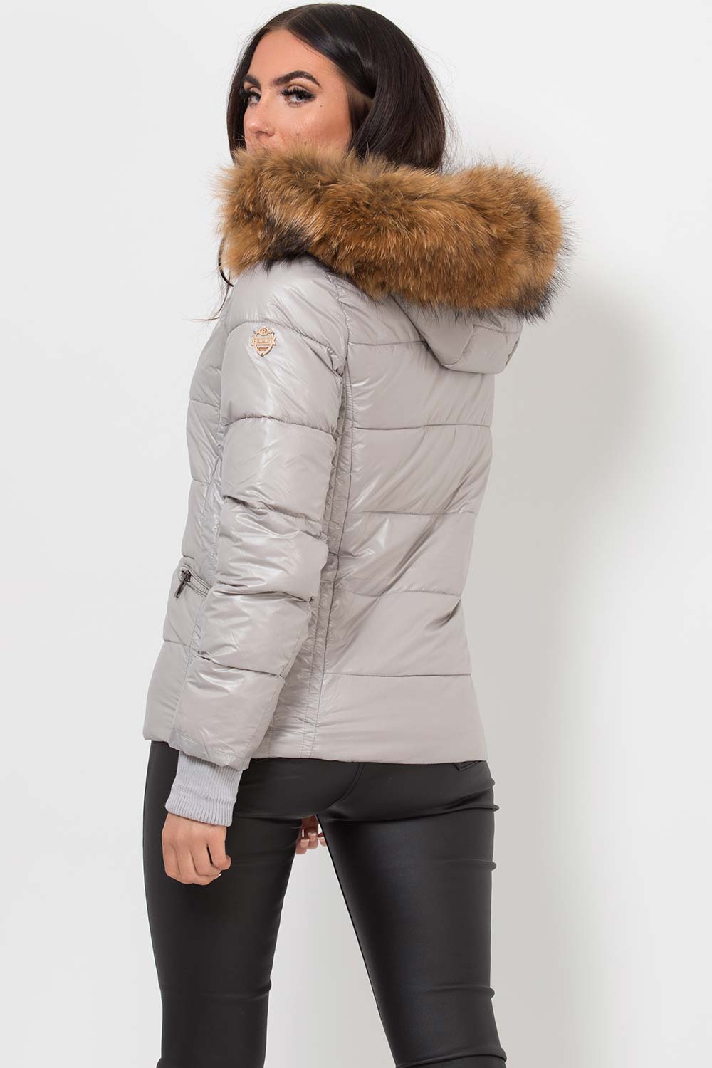 Puffer Jacket With Real Fur Hood Grey