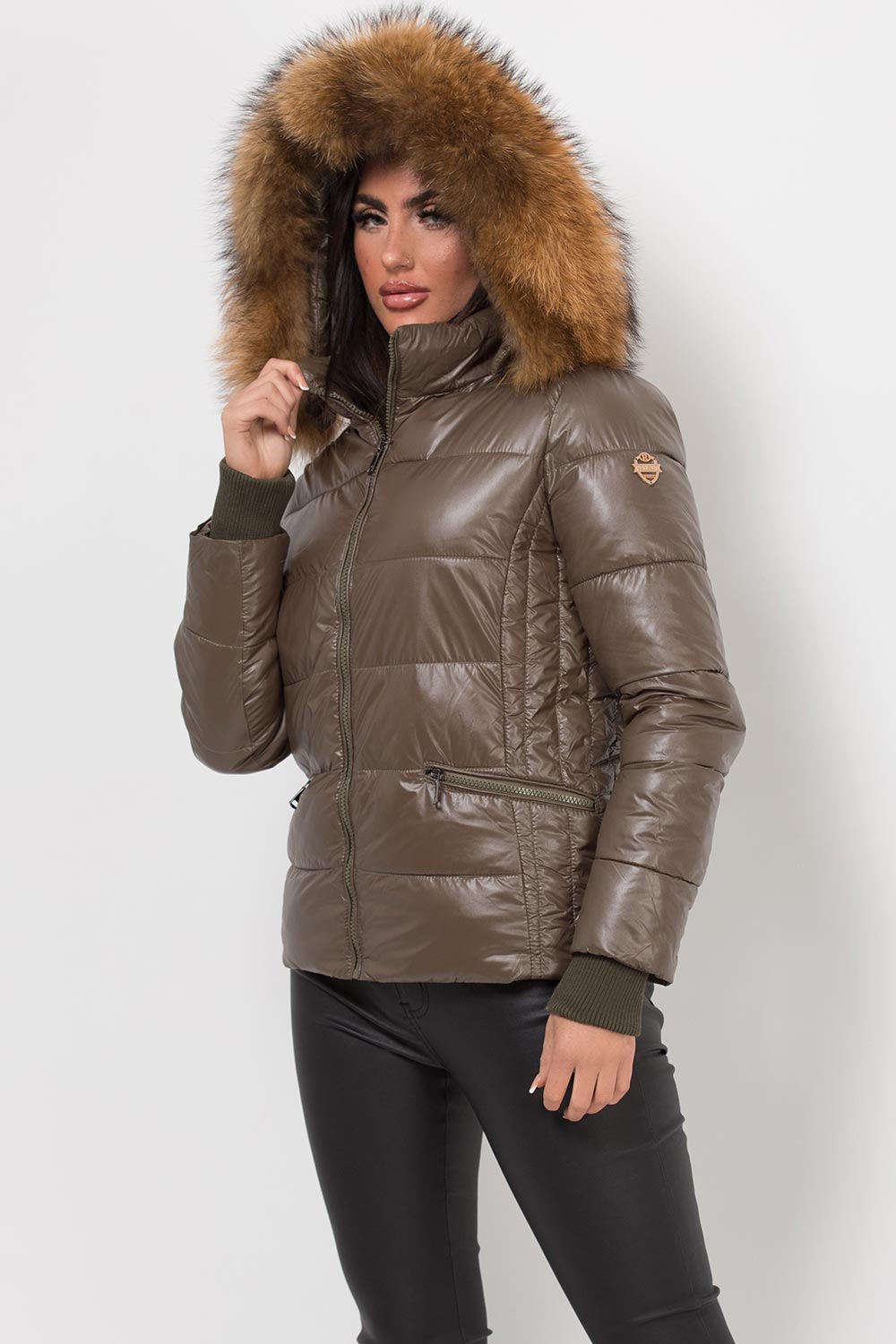 Puffer Jacket With Real Fur Hood Khaki