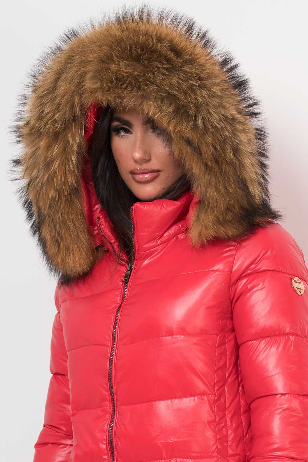 Puffer Jacket With Real Fur Hood Red