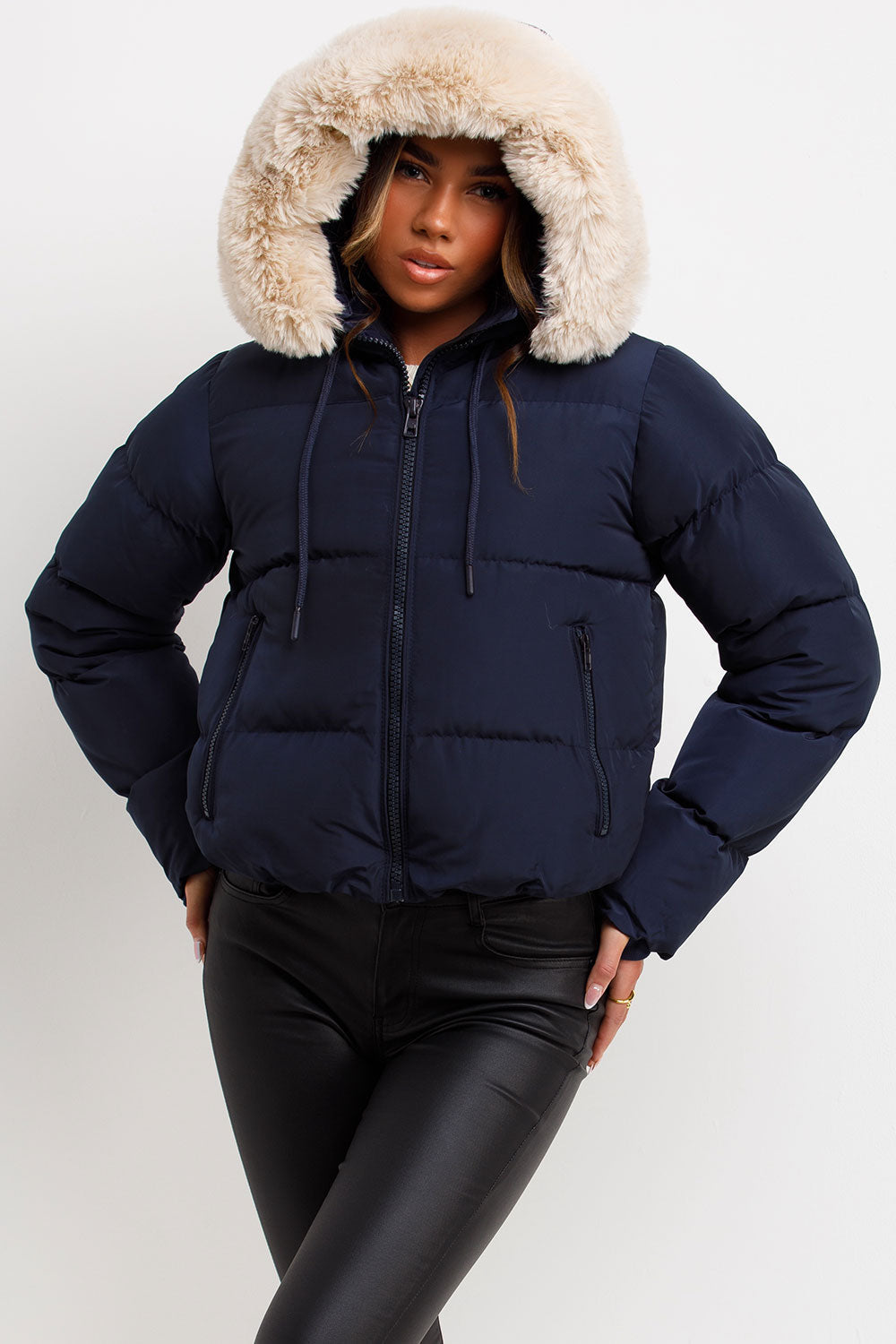 Puffer Jacket With Fur Hood Navy