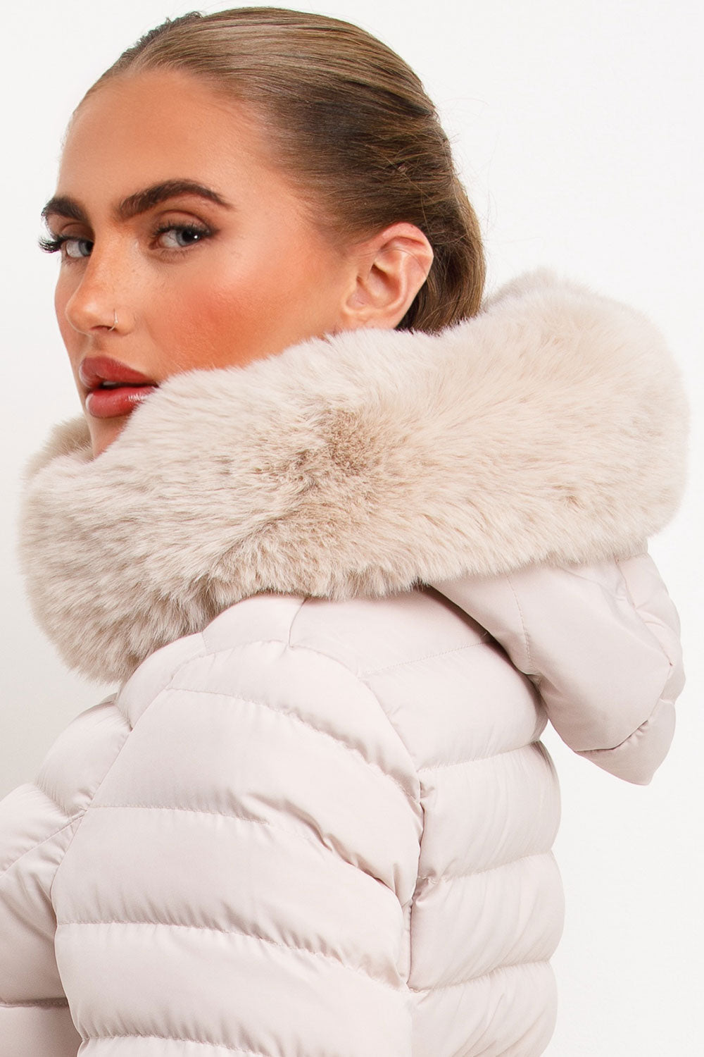 Puffer Jacket With Faux Fur Hood And Gold Belt Beige