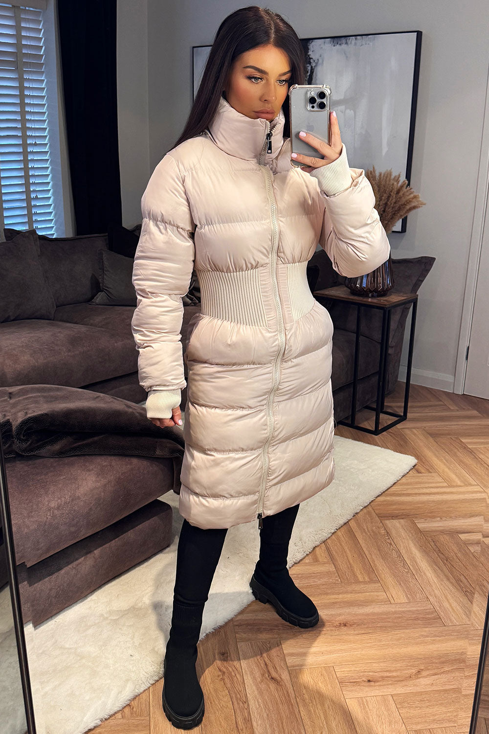 Puffer Padded Winter Coat With Contour Structured Detail Beige