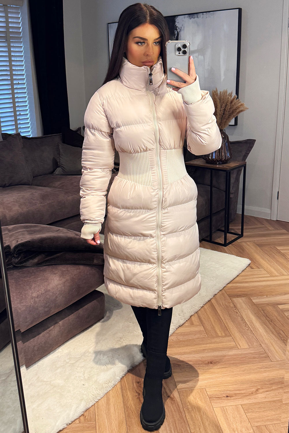 Puffer Padded Winter Coat With Contour Structured Detail Beige