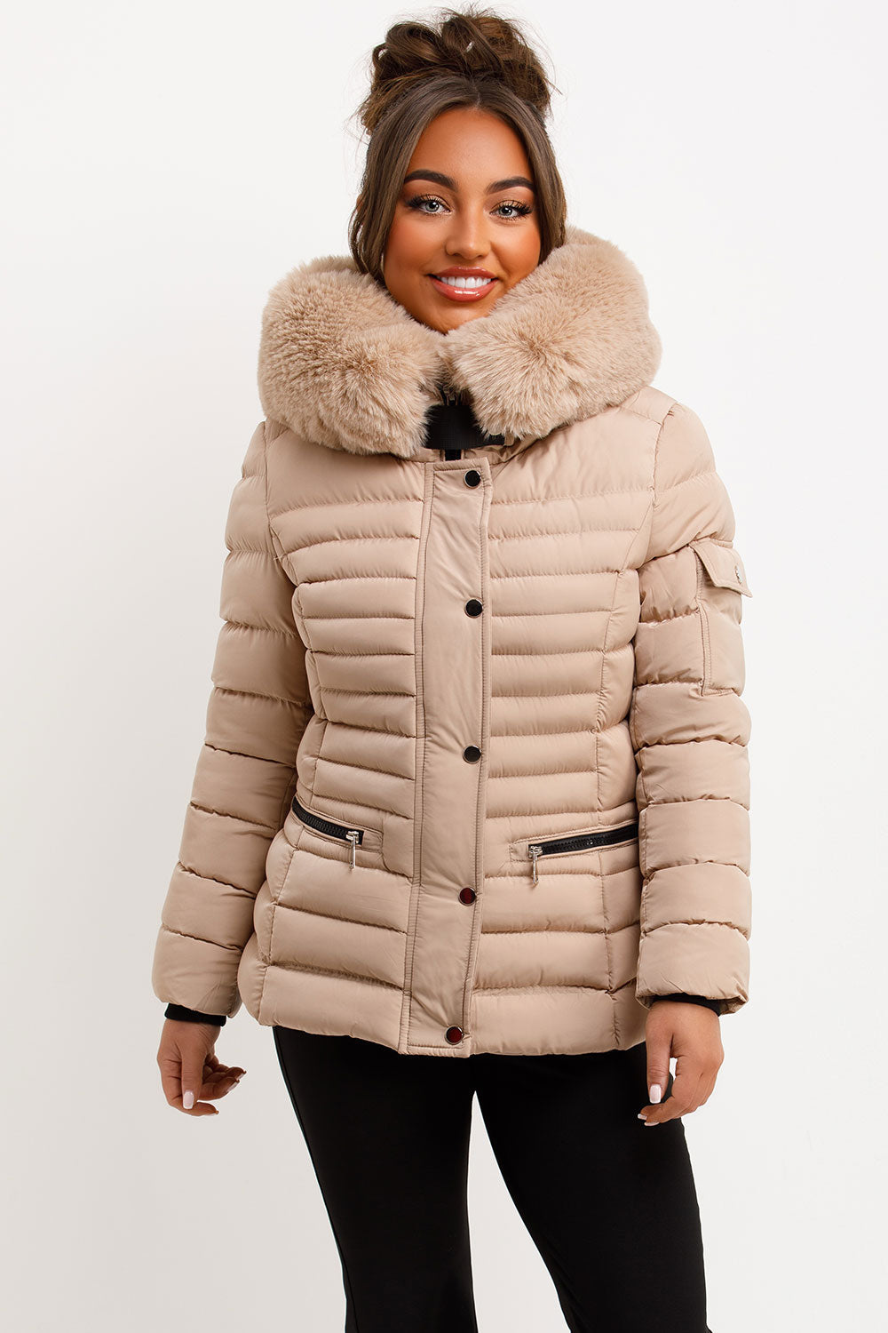 Puffer Jacket With Faux Fur Hood Side Buckle Detail Beige