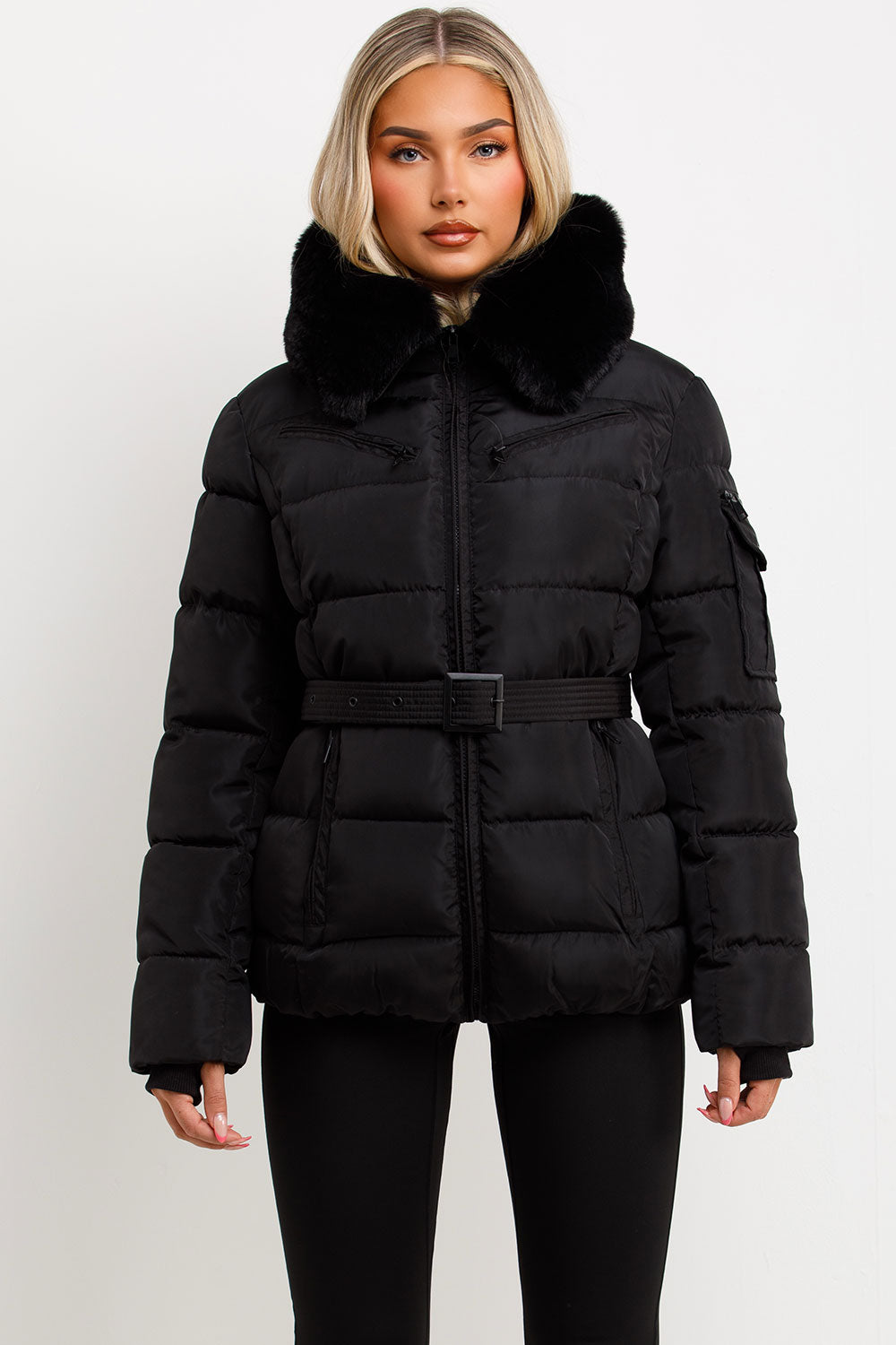 Black Faux Fur Hood Jacket With Belt