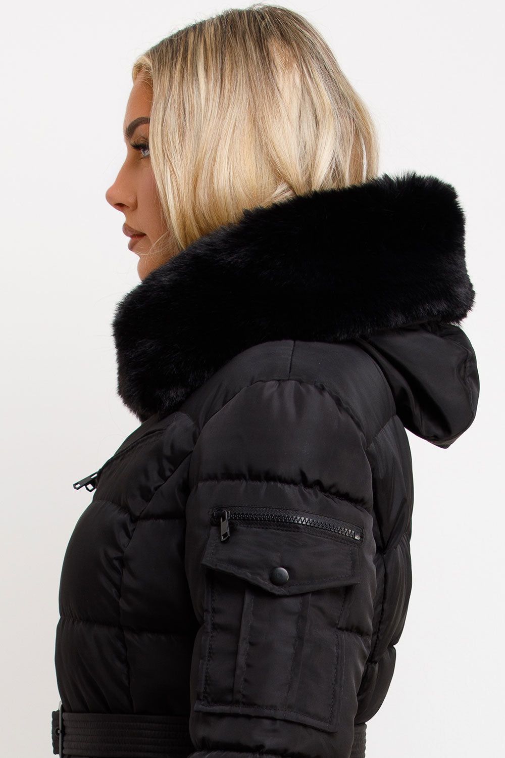 Black Faux Fur Hood Jacket With Belt