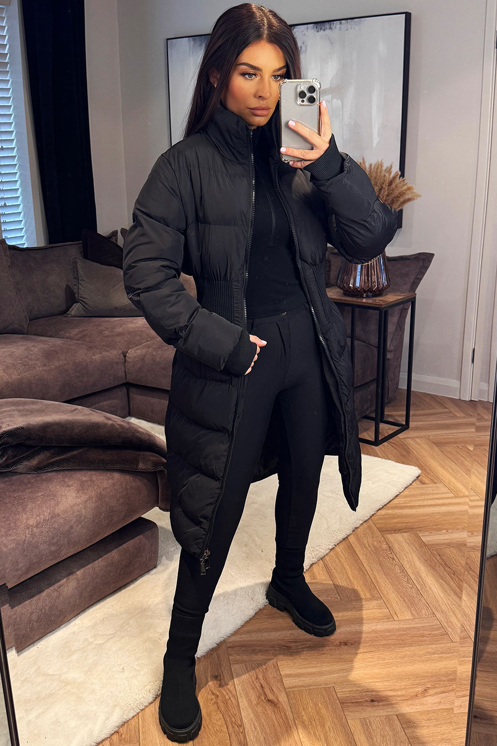 Puffer Padded Winter Coat With Contour Structured Detail Black