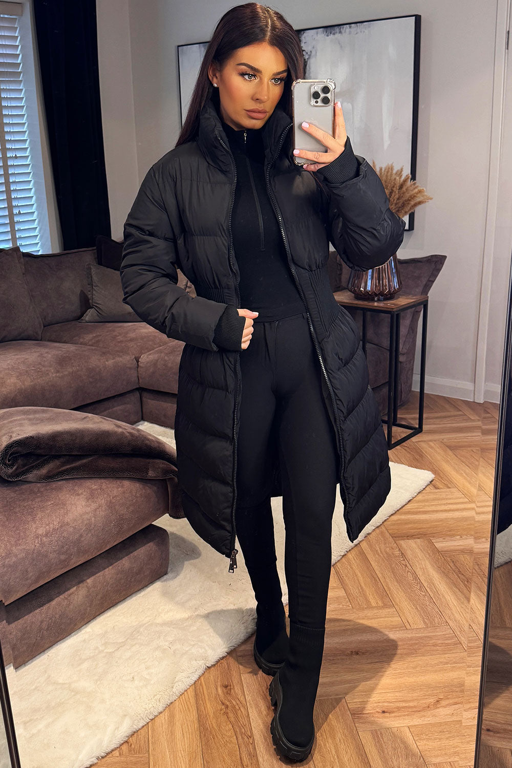 Puffer Padded Winter Coat With Contour Structured Detail Black