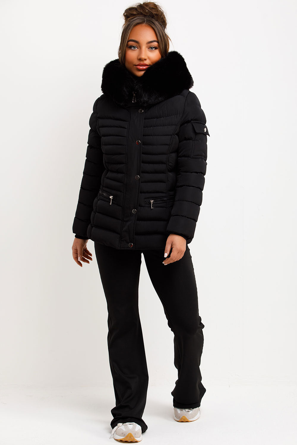 Puffer Jacket With Faux Fur Hood Side Buckle Detail Black