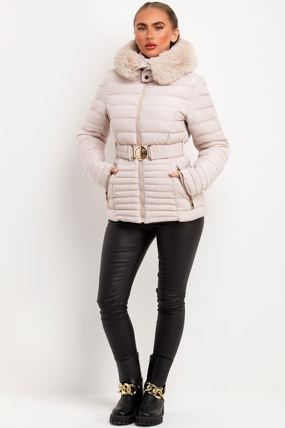 Puffer Jacket With Faux Fur Hood And Gold Belt Beige