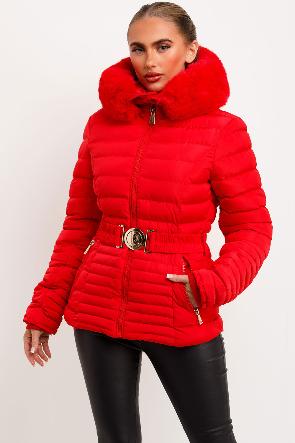 Red Puffer Jacket With Faux Fur Hood And Gold Belt