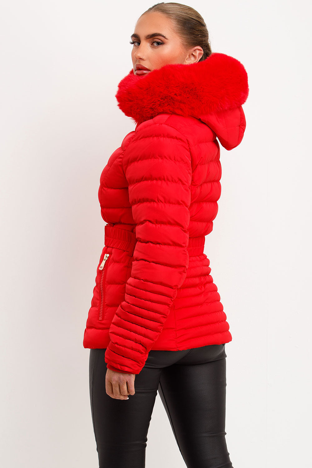 Red Puffer Jacket With Faux Fur Hood And Gold Belt