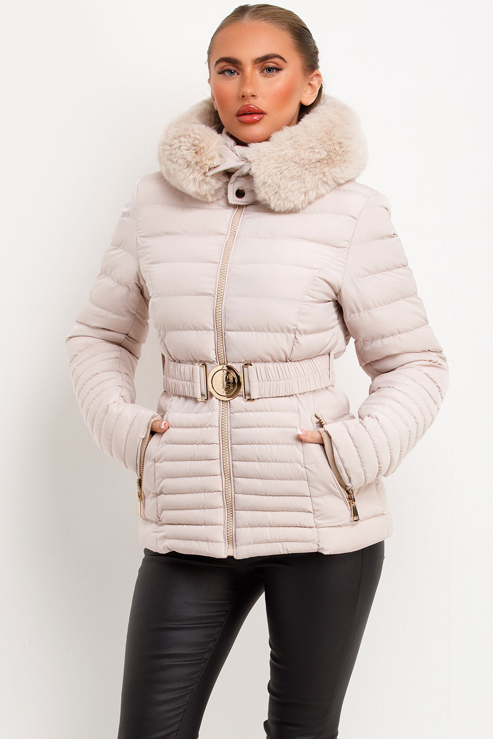 Puffer Jacket With Faux Fur Hood And Gold Belt Beige