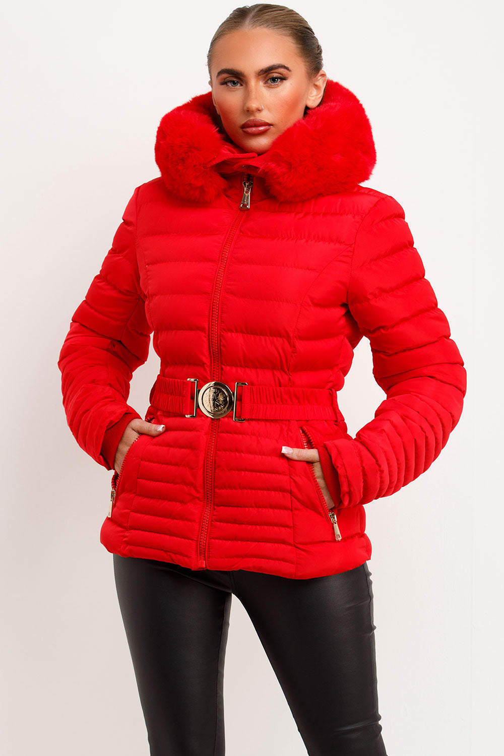 Red Puffer Jacket With Faux Fur Hood And Gold Belt