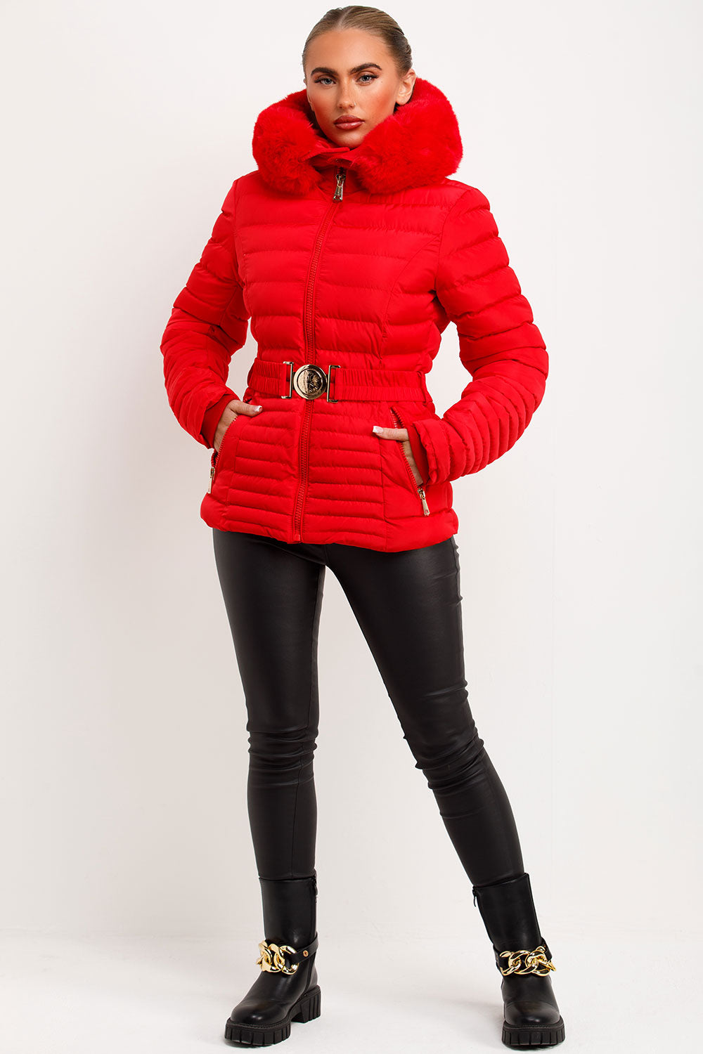 Red Puffer Jacket With Faux Fur Hood And Gold Belt