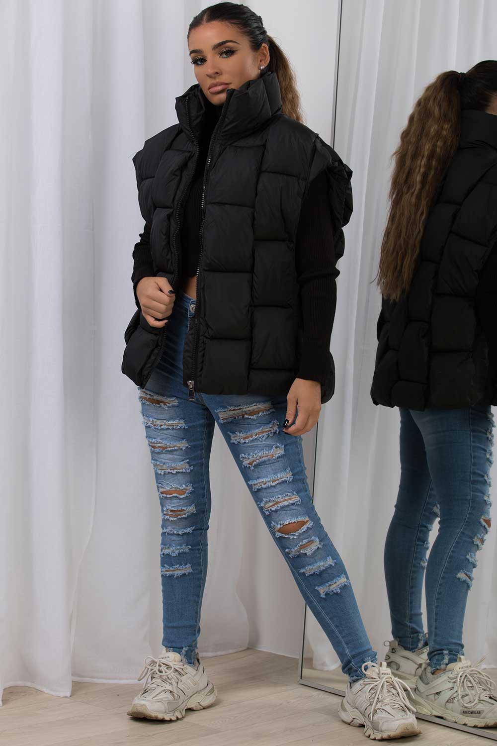 Quilted Padded Gilet With Woven Detail Black