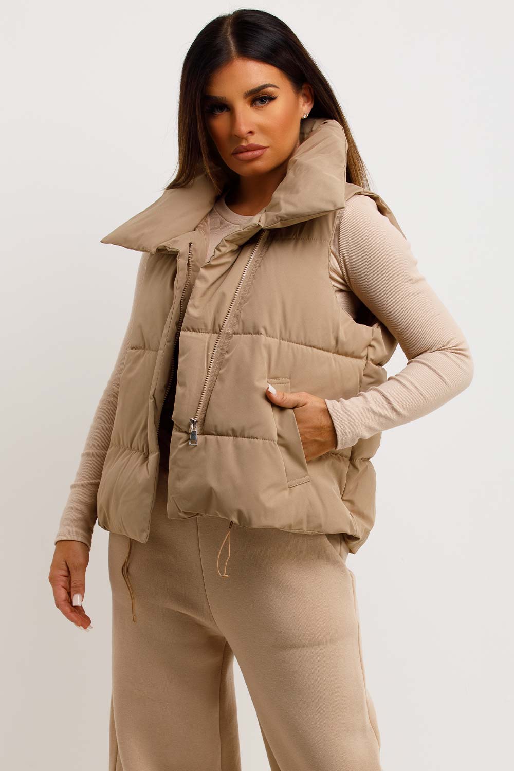 Beige Puffer Duvet Gilet With Drawstrings