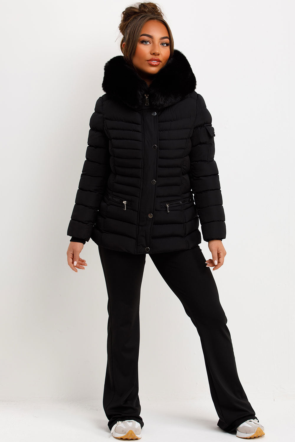 Puffer Jacket With Faux Fur Hood Side Buckle Detail Black