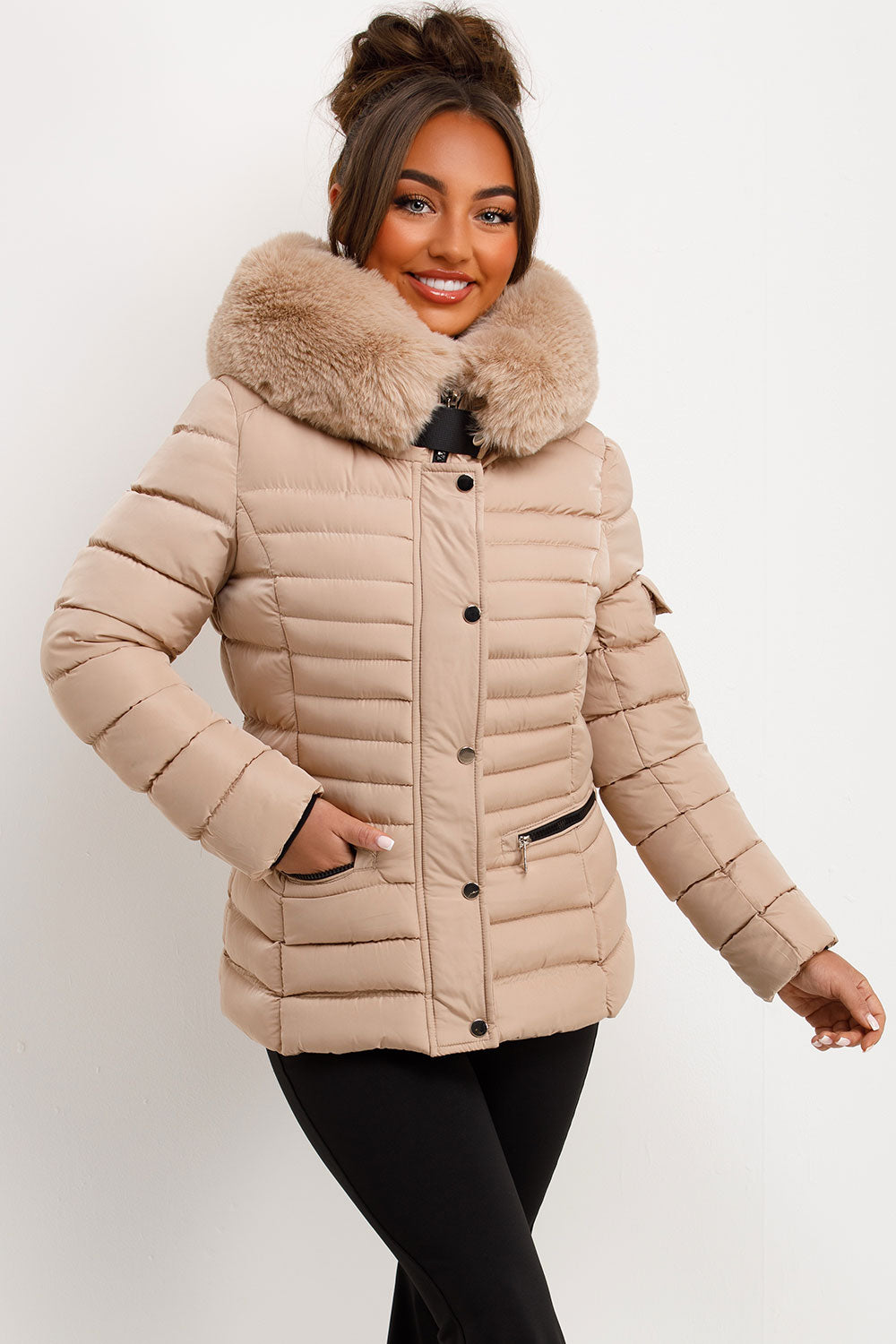 Puffer Jacket With Faux Fur Hood Side Buckle Detail Beige