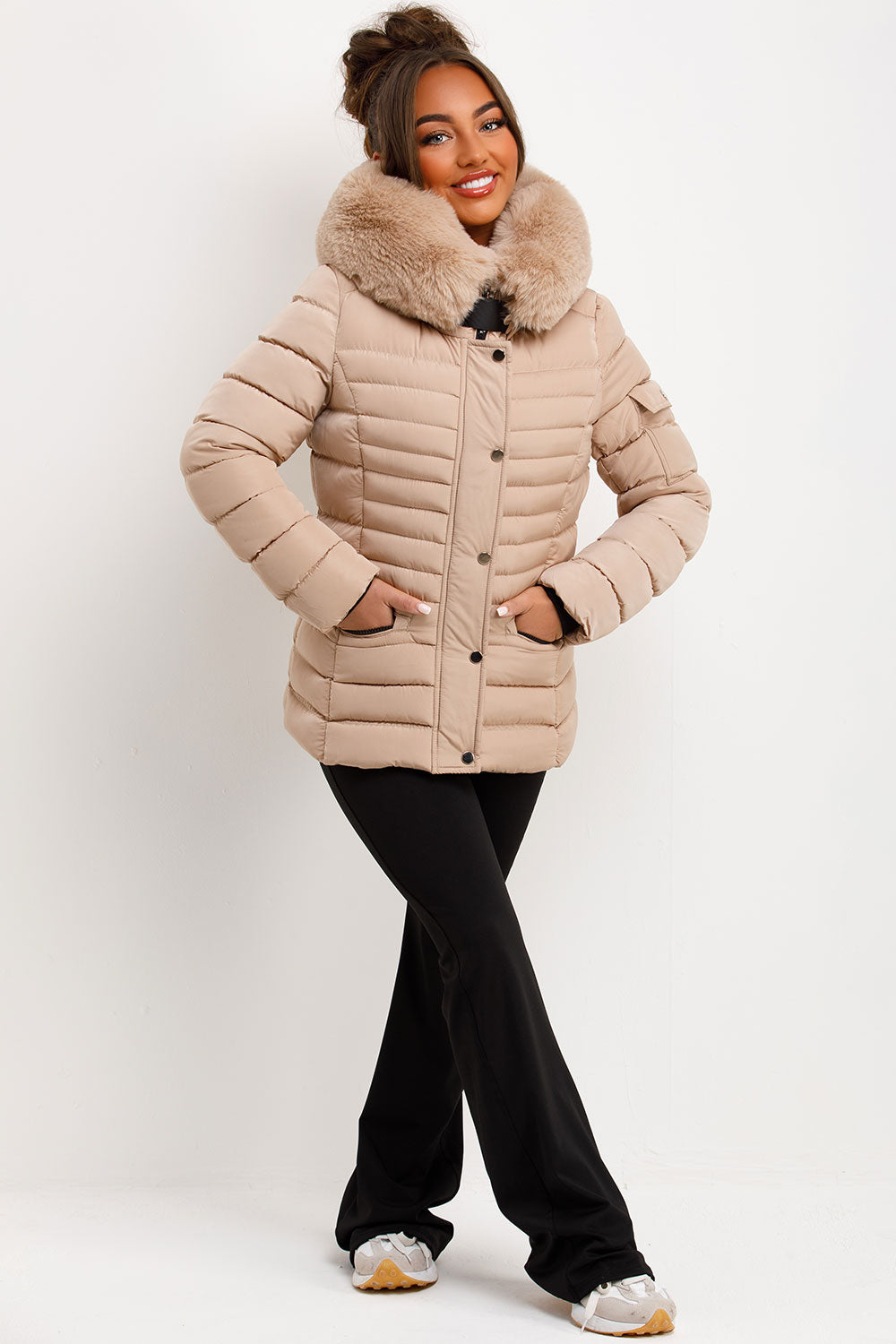 Puffer Jacket With Faux Fur Hood Side Buckle Detail Beige