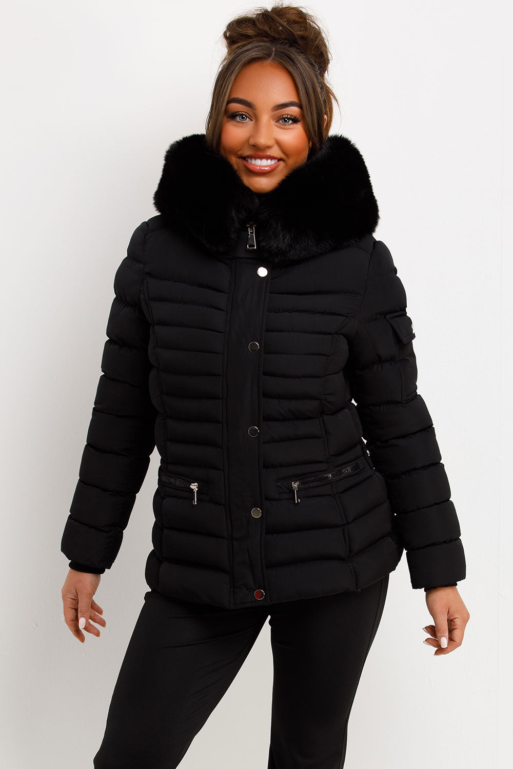 Puffer Jacket With Faux Fur Hood Side Buckle Detail Black