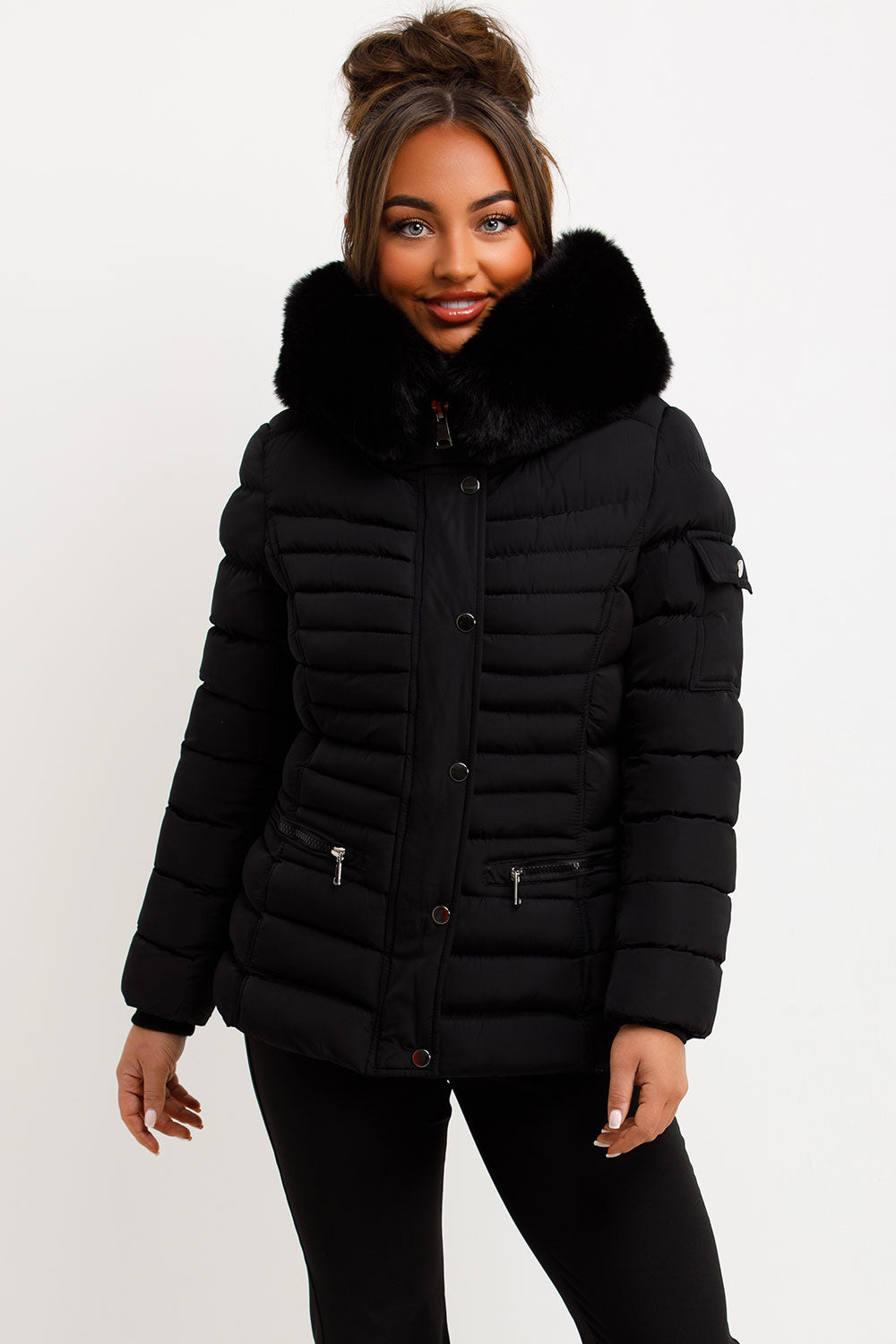 Puffer Jacket With Faux Fur Hood Side Buckle Detail Black