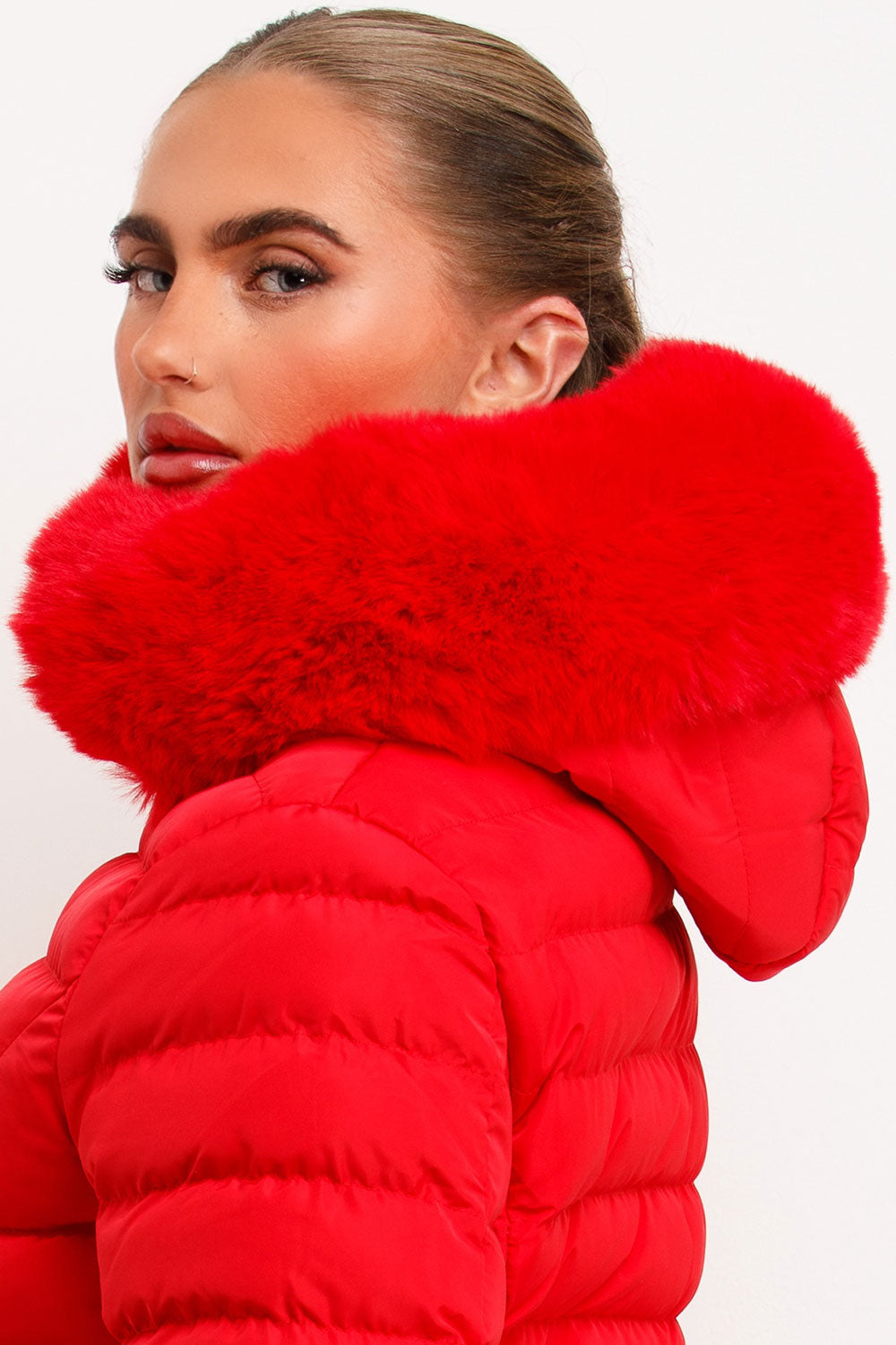 Red Puffer Jacket With Faux Fur Hood And Gold Belt