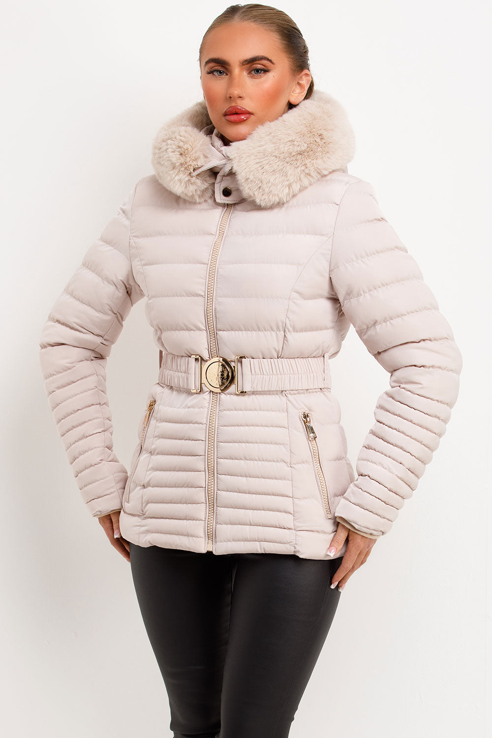 Puffer Jacket With Faux Fur Hood And Gold Belt Beige