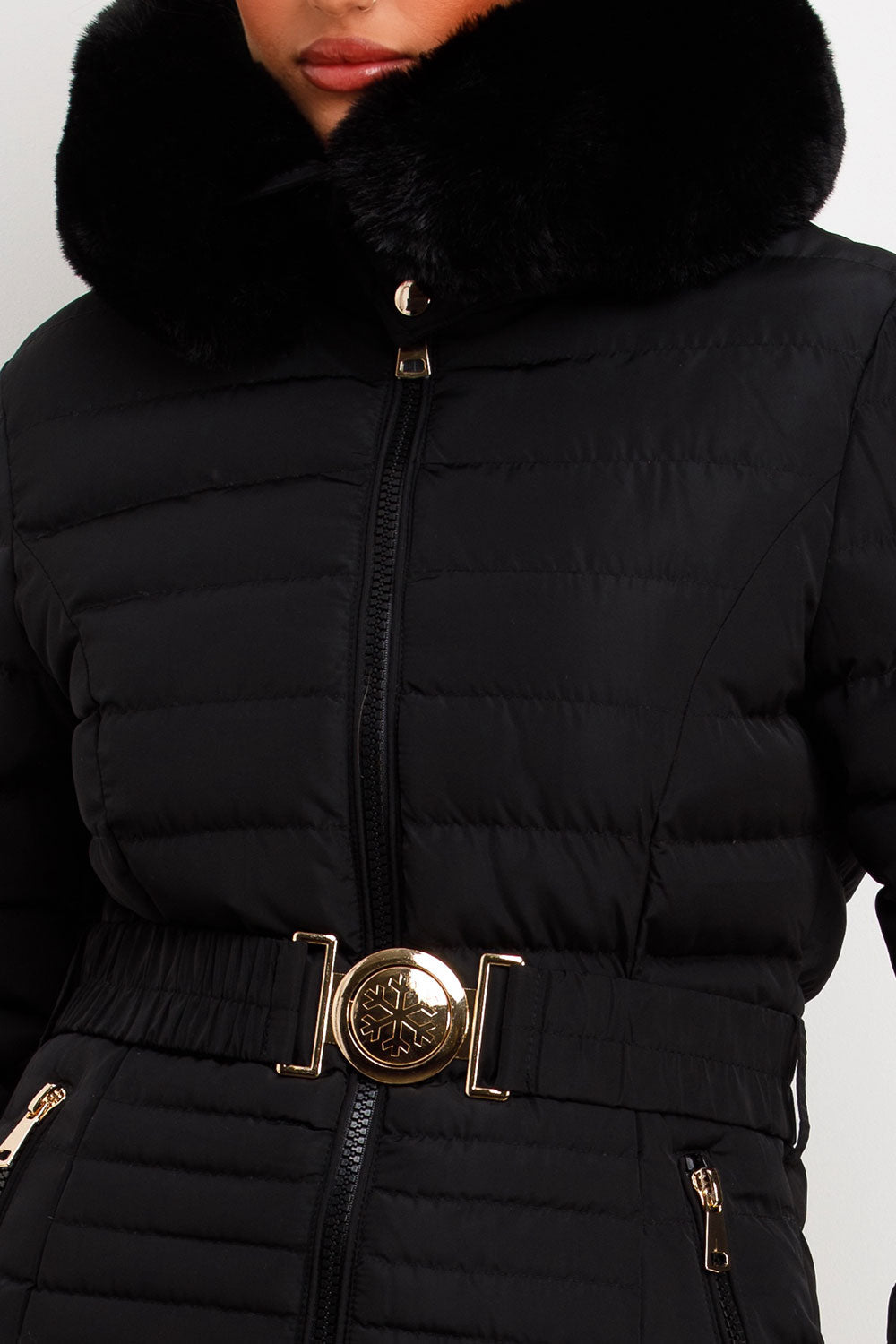 Black Puffer Jacket With Faux Fur Hood And Gold Belt