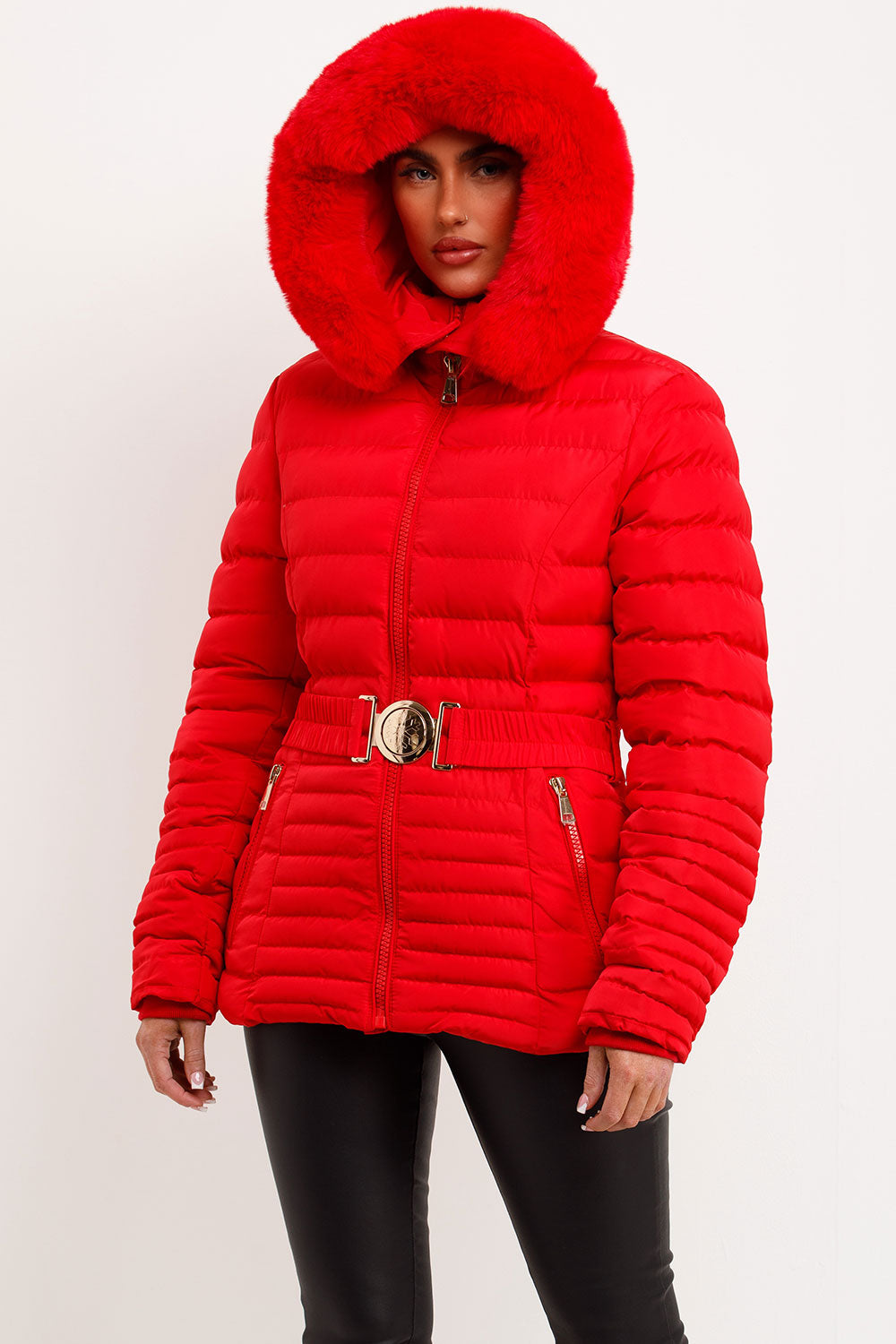 Red Puffer Jacket With Faux Fur Hood And Gold Belt