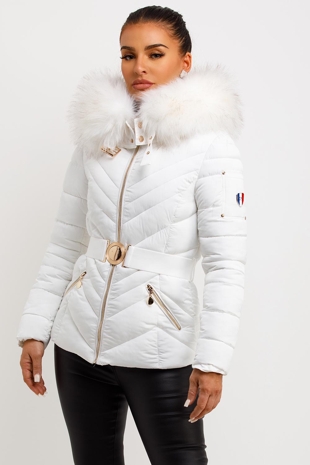 Puffer Jacket With Fur Hood And Belt White