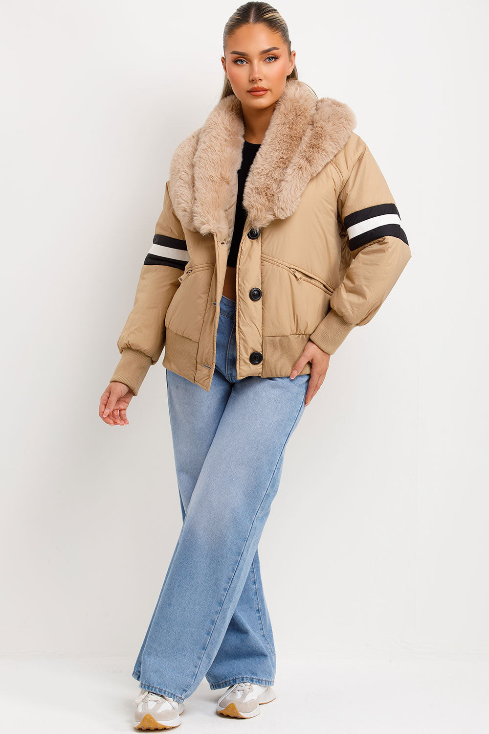 Aviator Bomber Jacket With Faux Fur And Stripe Detail Beige