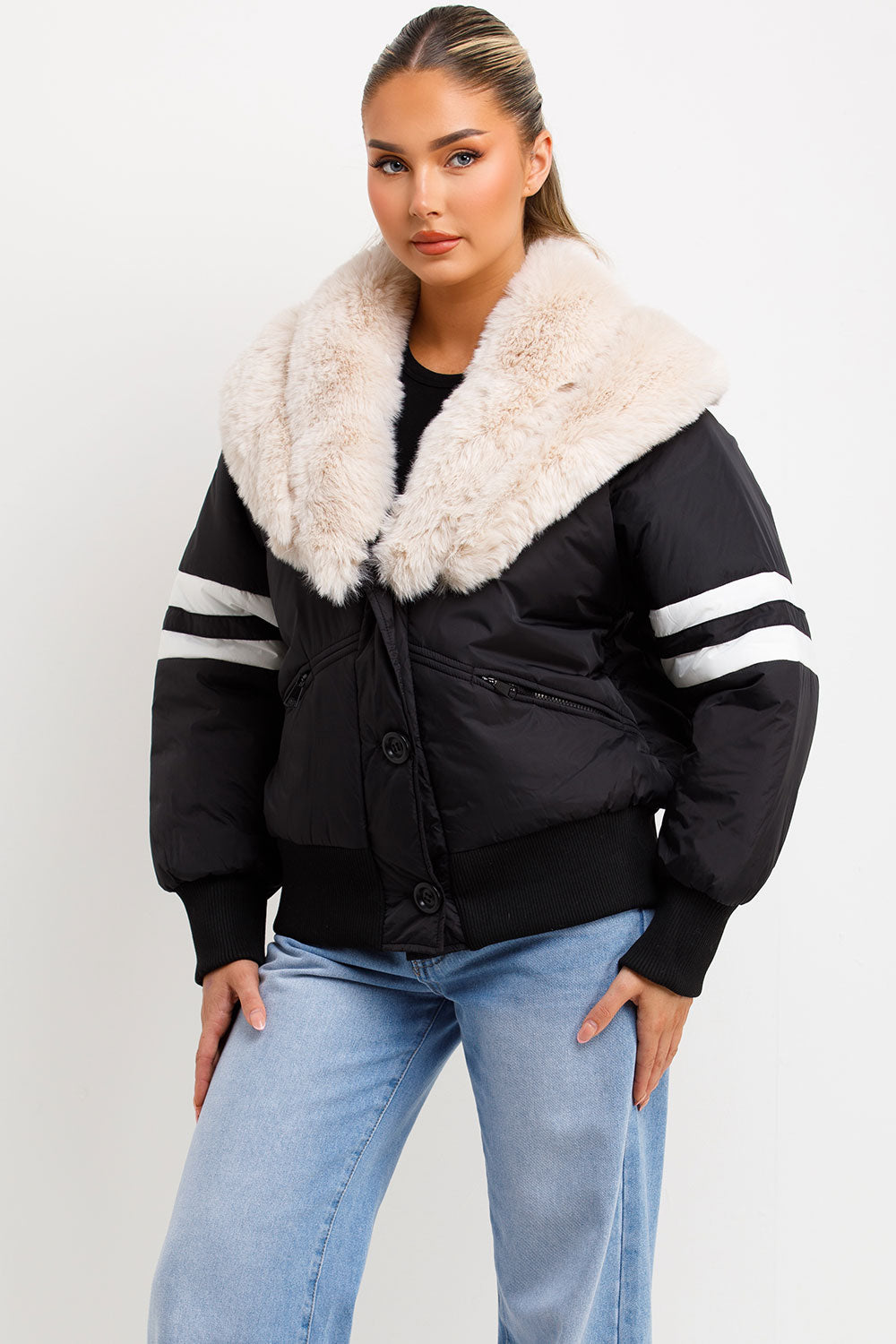 Aviator Bomber Jacket With Faux Fur And Stripe Detail Black