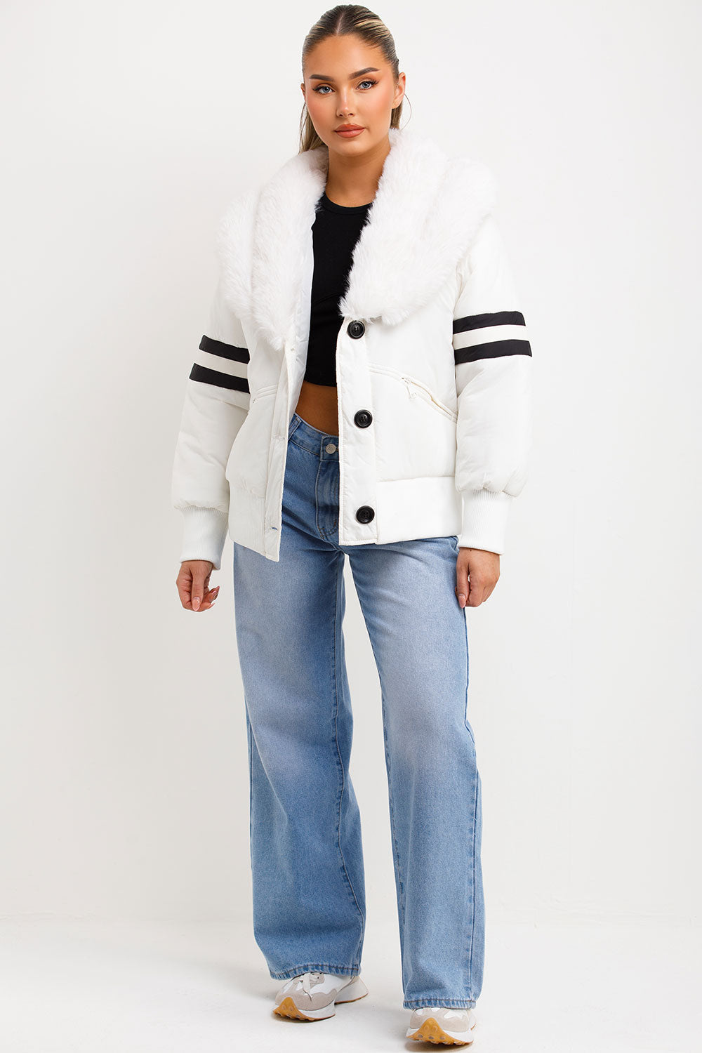 Aviator Bomber Jacket With Faux Fur And Stripe Detail White